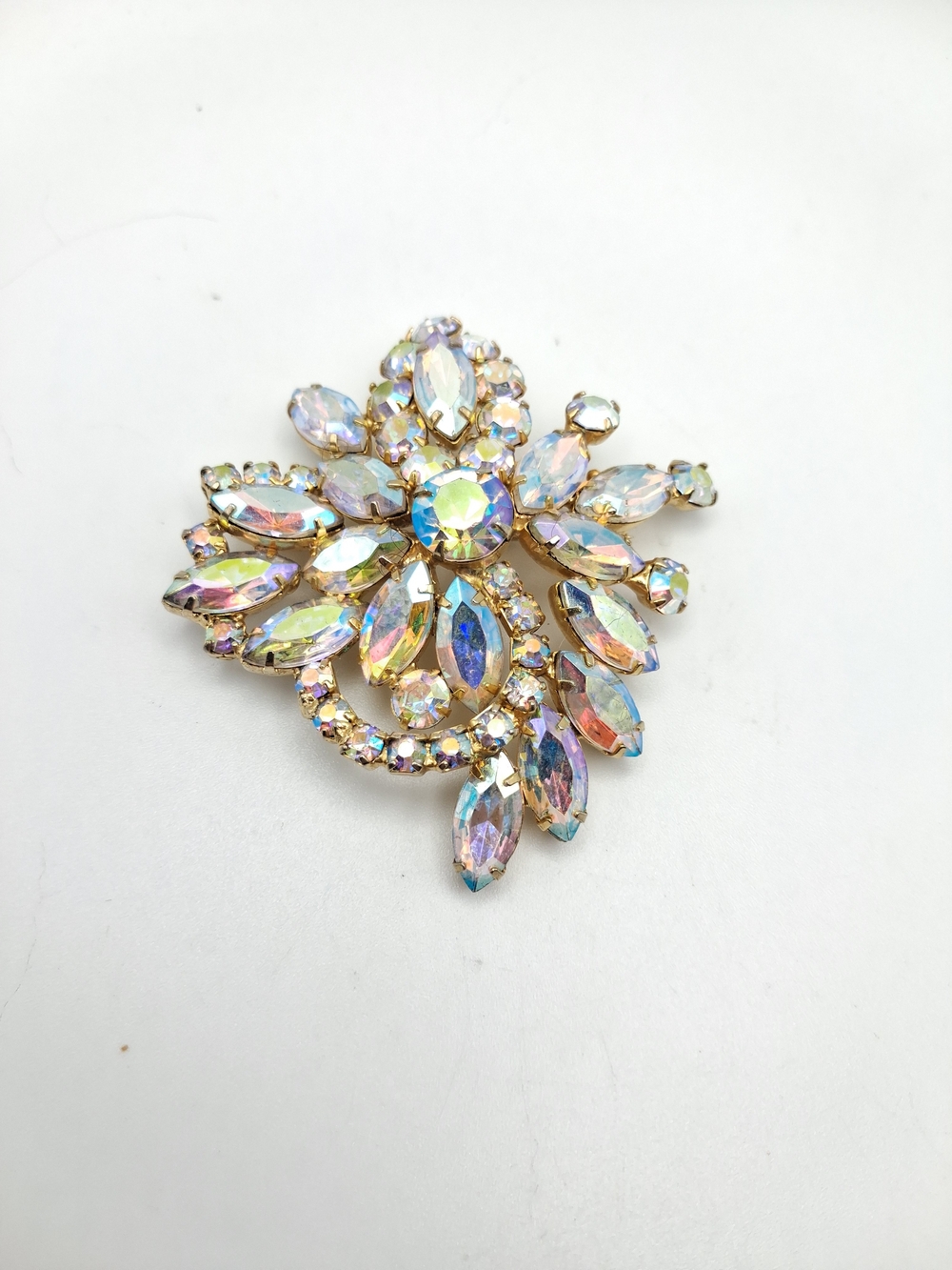 Aurora Crystal Floral Brooch - Iridescent Gold Tone
